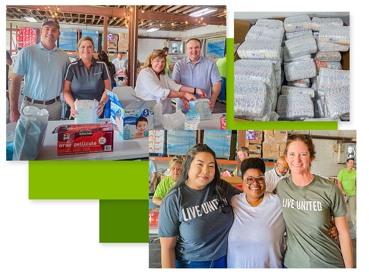 Collage of photos showing Regions associates bundling diapers for Bundles of Hope Diaper Bank
