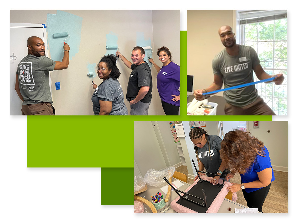Photos of Regions volunteers assembling furniture and painting offices while volunteering with Pathways