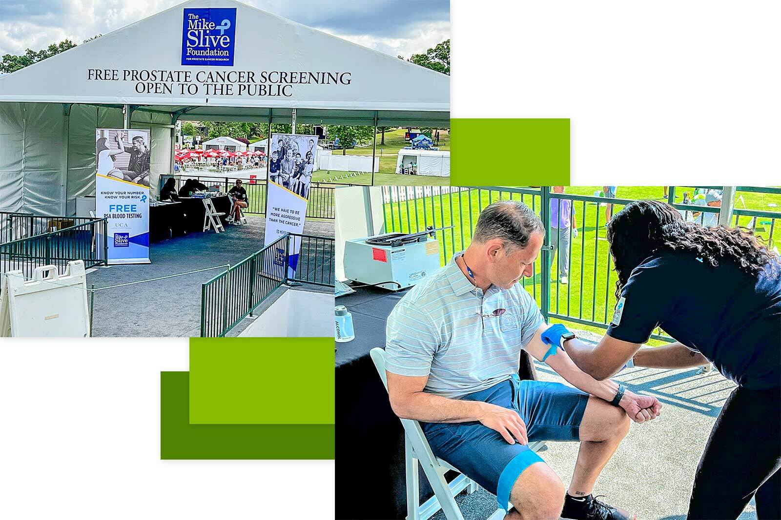 Collage - on the left closeup of the tent from The Mike Slive Foundation event, and on the right, the person is getting tested for prostate cancer