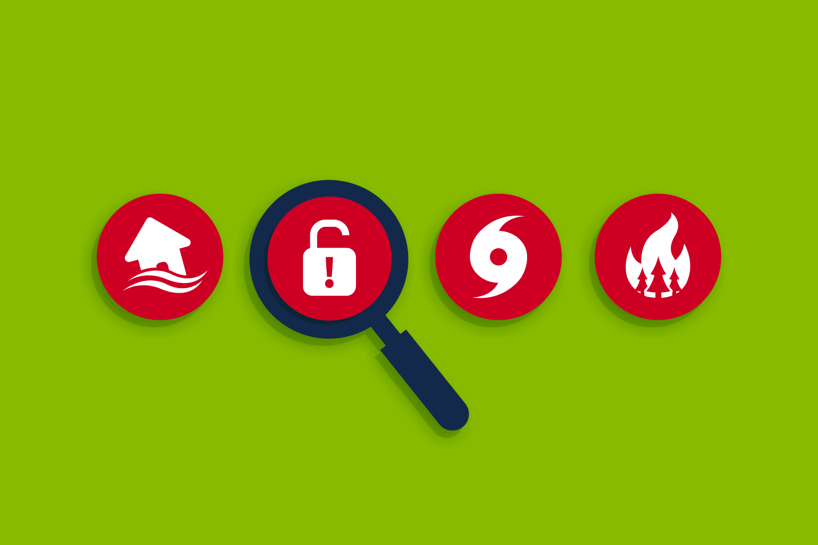 Four red disaster icons on a green background