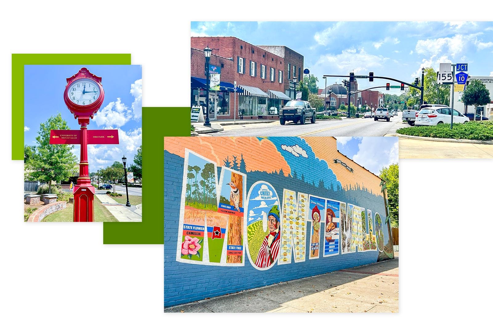 Collage from tree pictures - clock, mural and main street in Montevallo