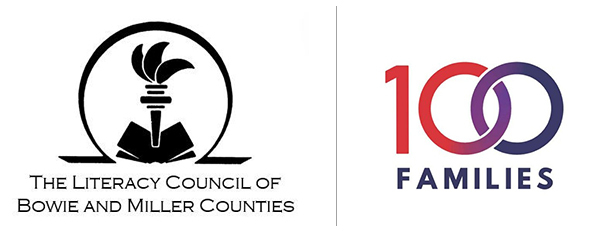 logos for The Literacy Council of Bowie and Miller Counties and 100 Families