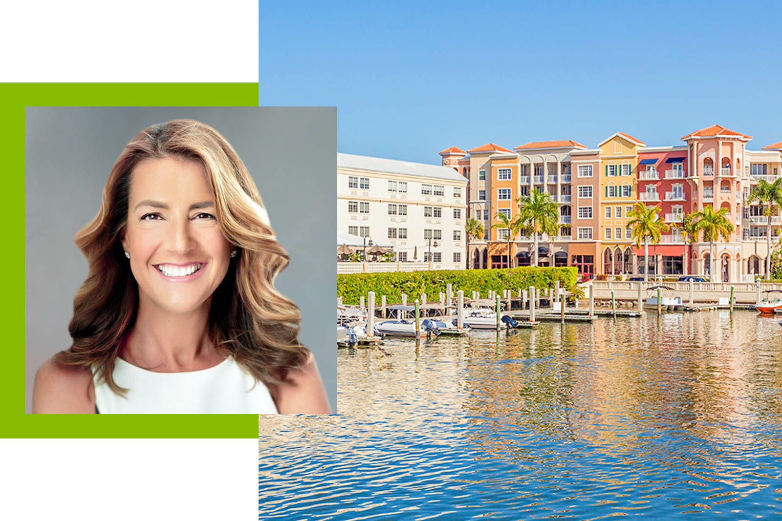 Cyndi Valenti headshot and Bayfront buildings in the city of...