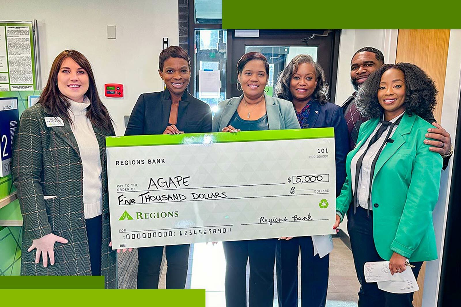 Regions Bank presented a $5,000 grant to Agape Youth and...