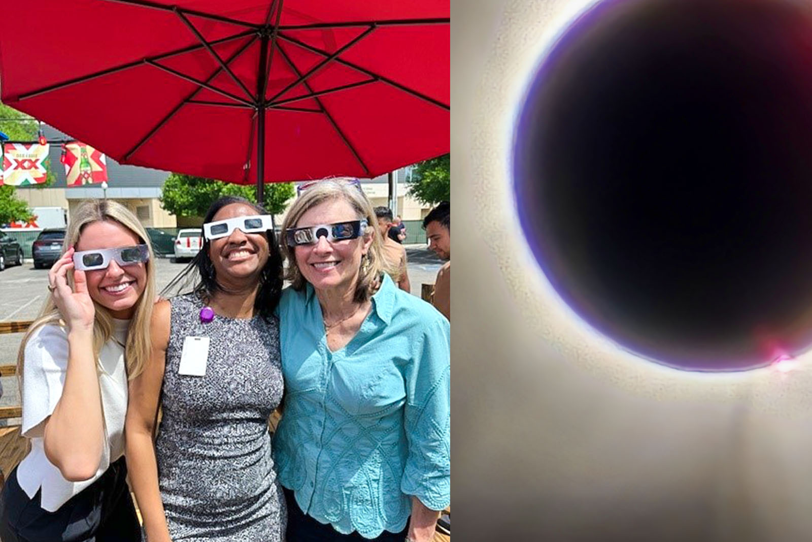 Group of three Regions associates with protective eyewear on the left. Photo of the solar eclipse at totality on the right.