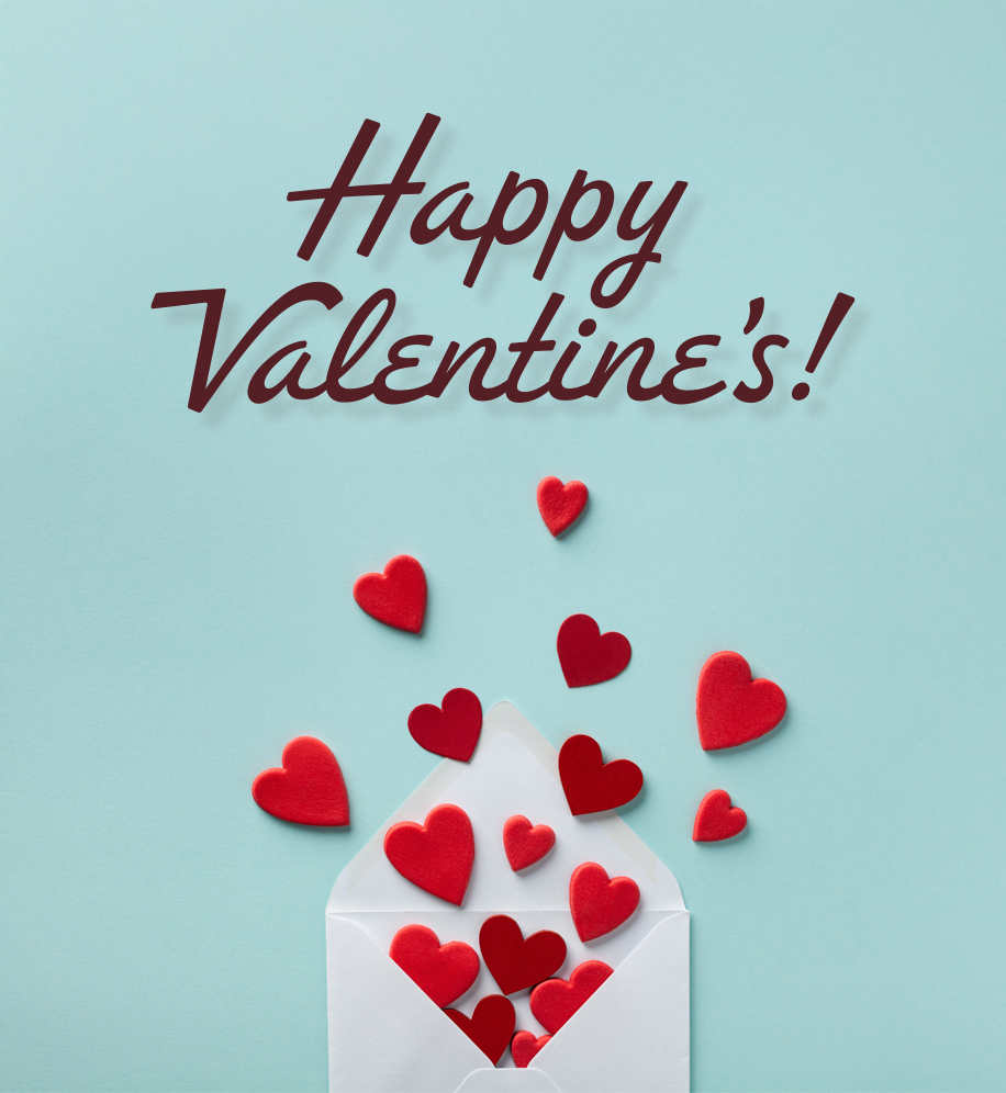 Illustration of hearts coming out of an open letter. Text: Happy Valentine's.