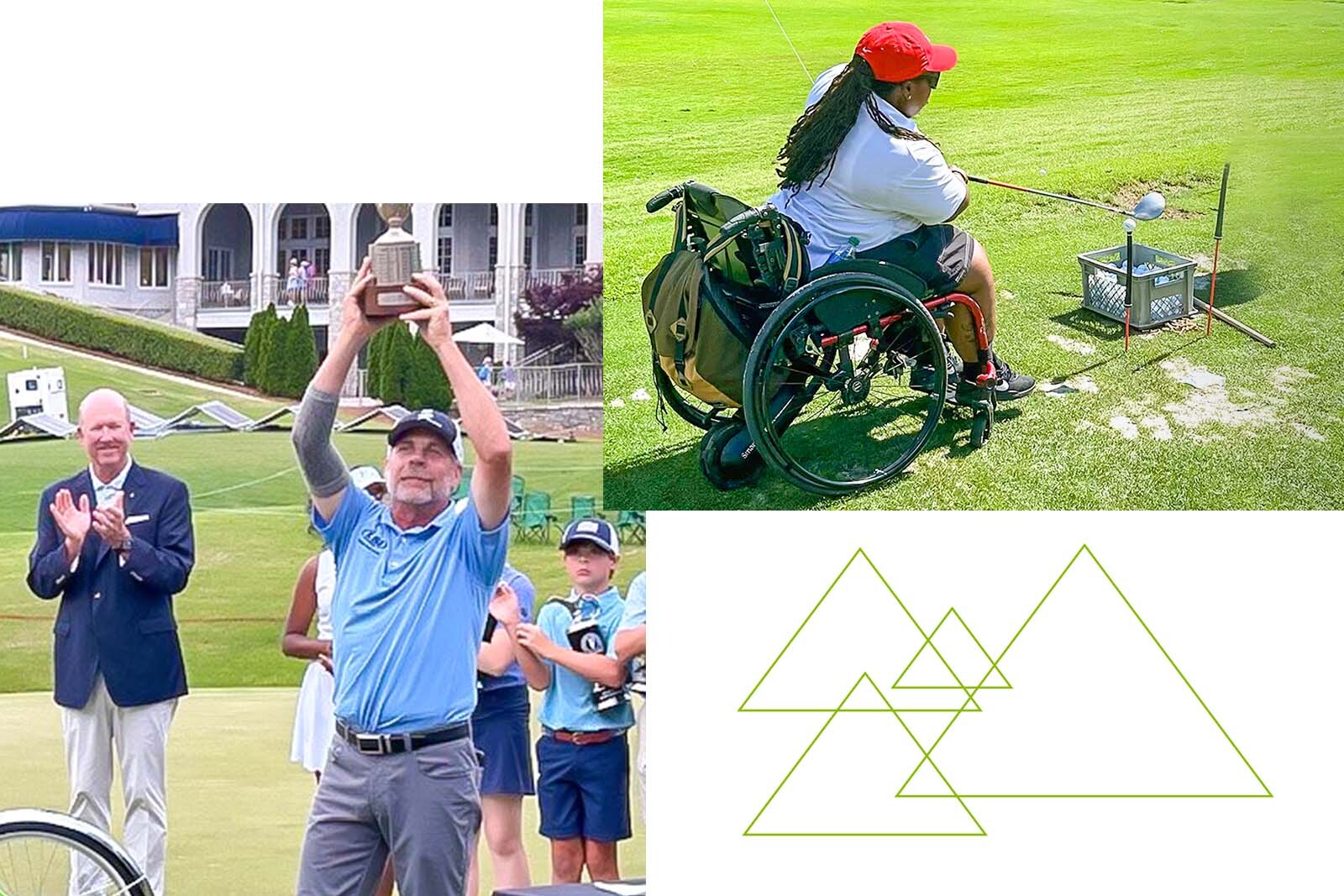 Doug Barron holding the Regions Tradition trophy from 2024 as John Turner looks on and claps. Woman in a wheelchair practicing her drive at the Regions Adaptive Clinic.