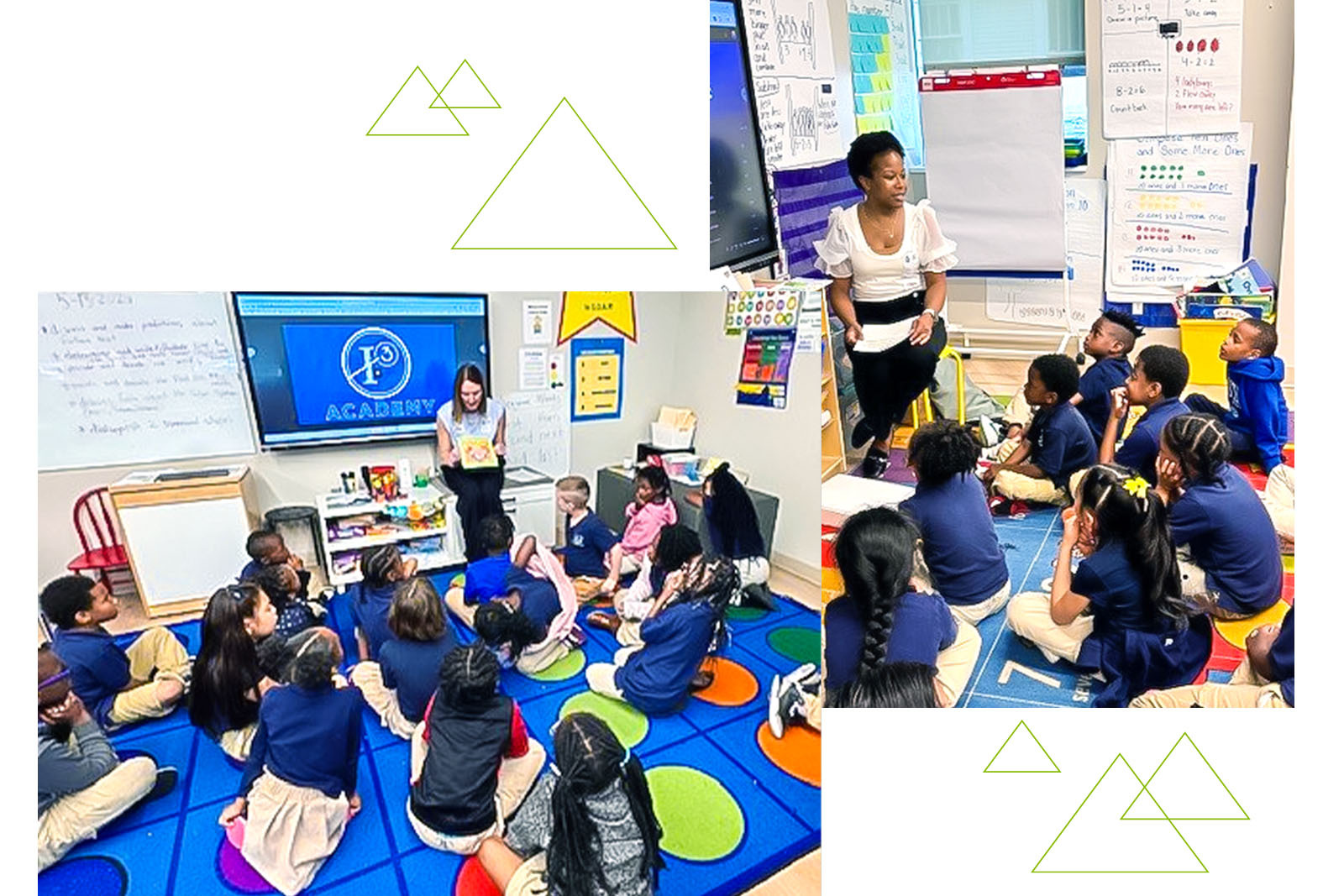 2 photo collage showing two women reading to a group of children in a classroom.