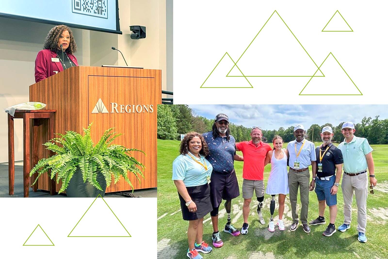 Schiela Pena, Disability Services and Outreach manager at Regions presenting and with attendees at adaptive golf clinic at the Regions Tradition.