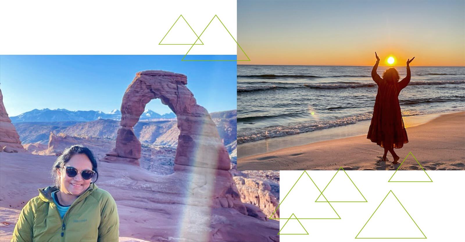 Sumitha Natarajan at various travel destinations, enjoying outdoor settings.