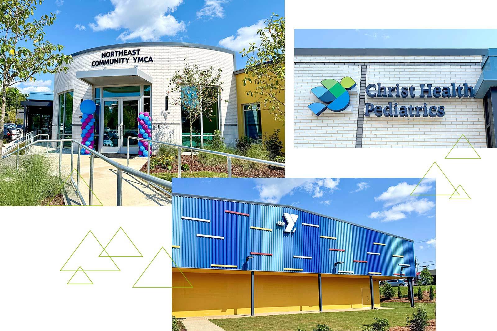 YMCA of Greater Birmingham exterior and Christ Health Pediatrics logo...