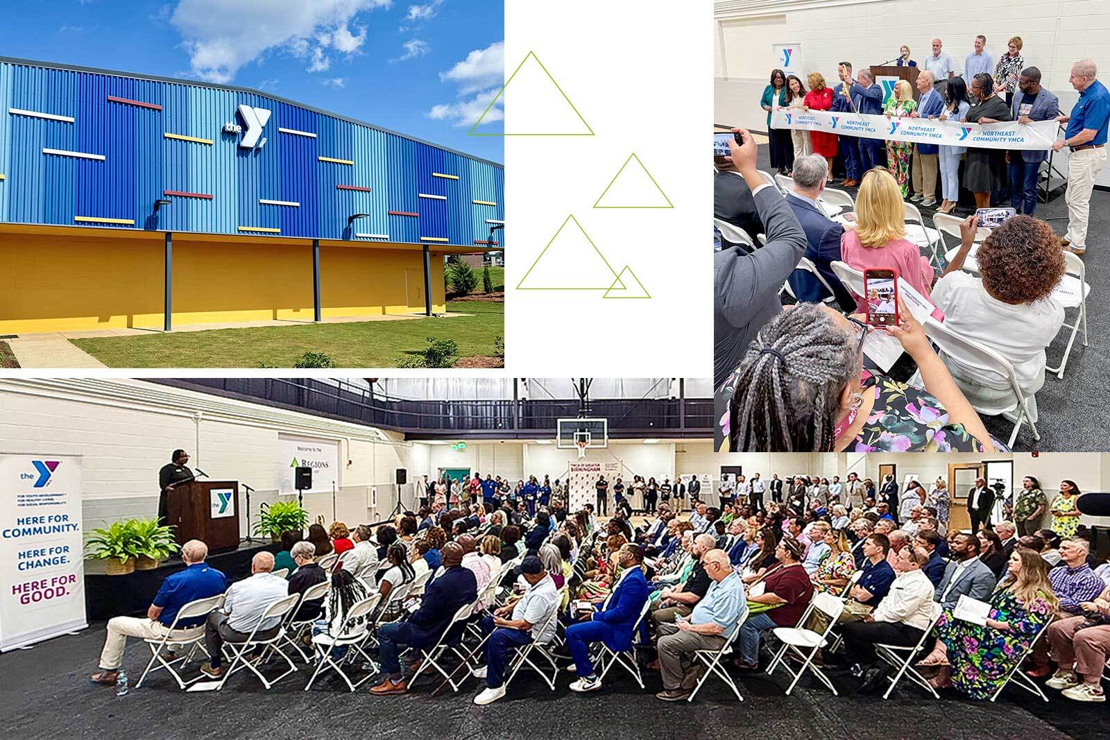 YMCA building exterior, ribbon cutting ceremony and YMCA crowd in the new YMCA gym.
