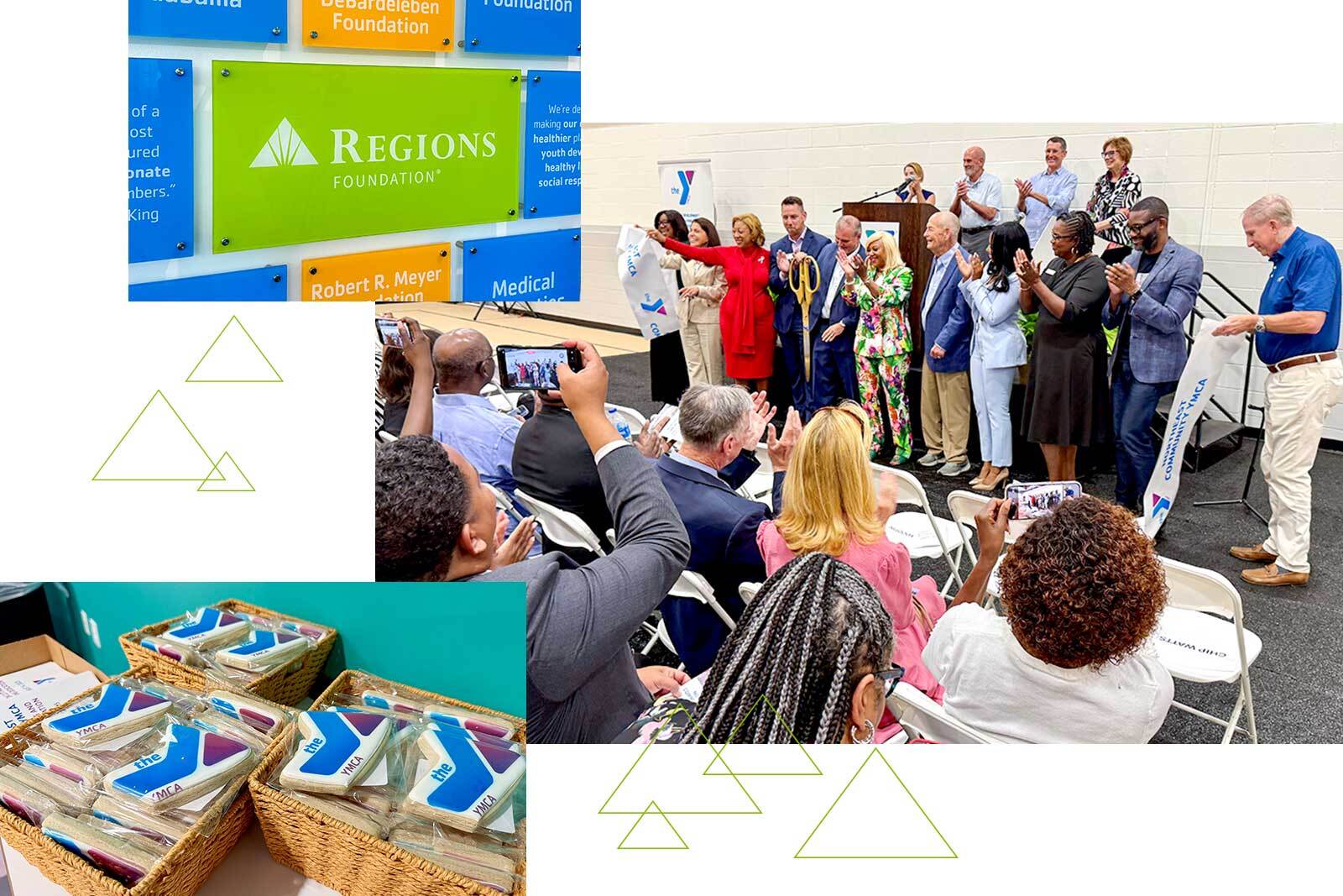 Regions Foundation logo, YMCA cookies and ribbon cutting ceremony at the new YMCA of Greater Birmingham center.