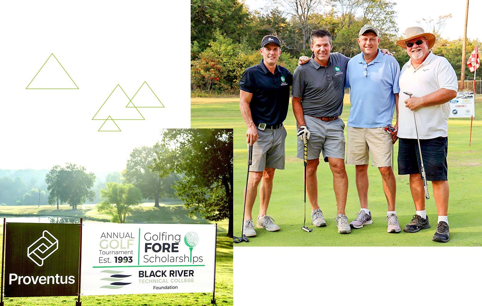 Golf sign and Michael Miller, Regions Agriculture banker and Northeast Arkansas market executive with his friends at the golf event.