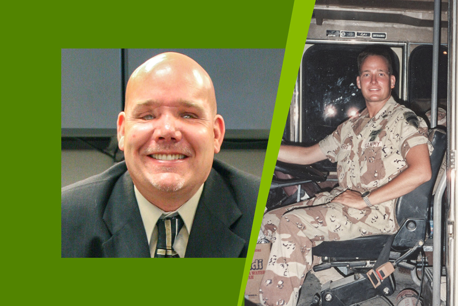 Headshot of Steve Beres after injuries alongside a uniformed photo...