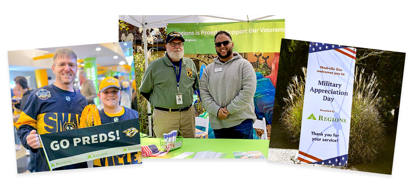 Collage of three photos. The first photo shows a father and son at a Nashville Predators game. The second photo shows regions associates at a Military support event. The third photo shows a regions sponsored sign for Military Appreciation Day at the Nashville Zoo. 