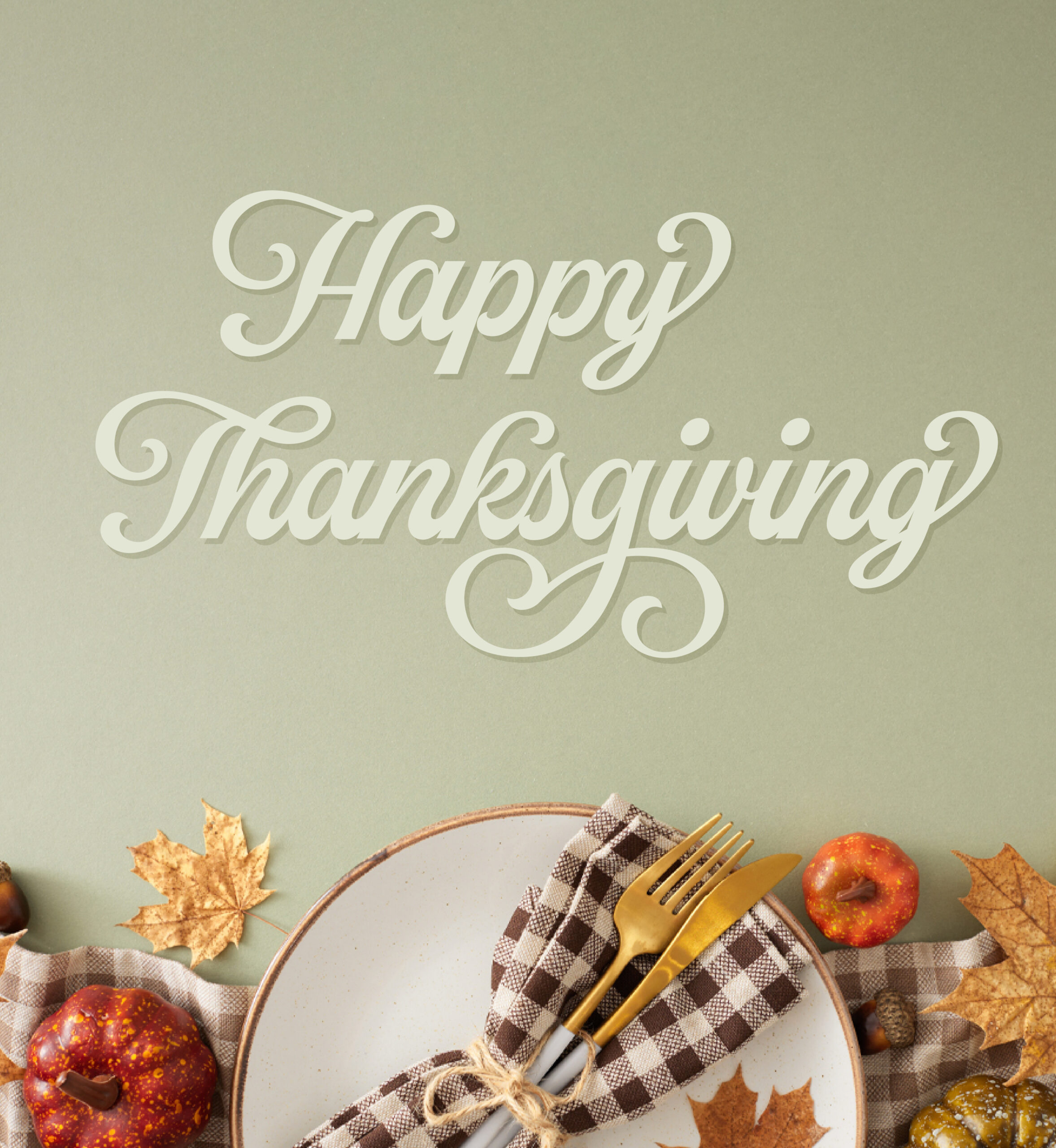 Plate and utensils with small pumpkins and fall leaves around it. Text: Happy Thanksgiving.