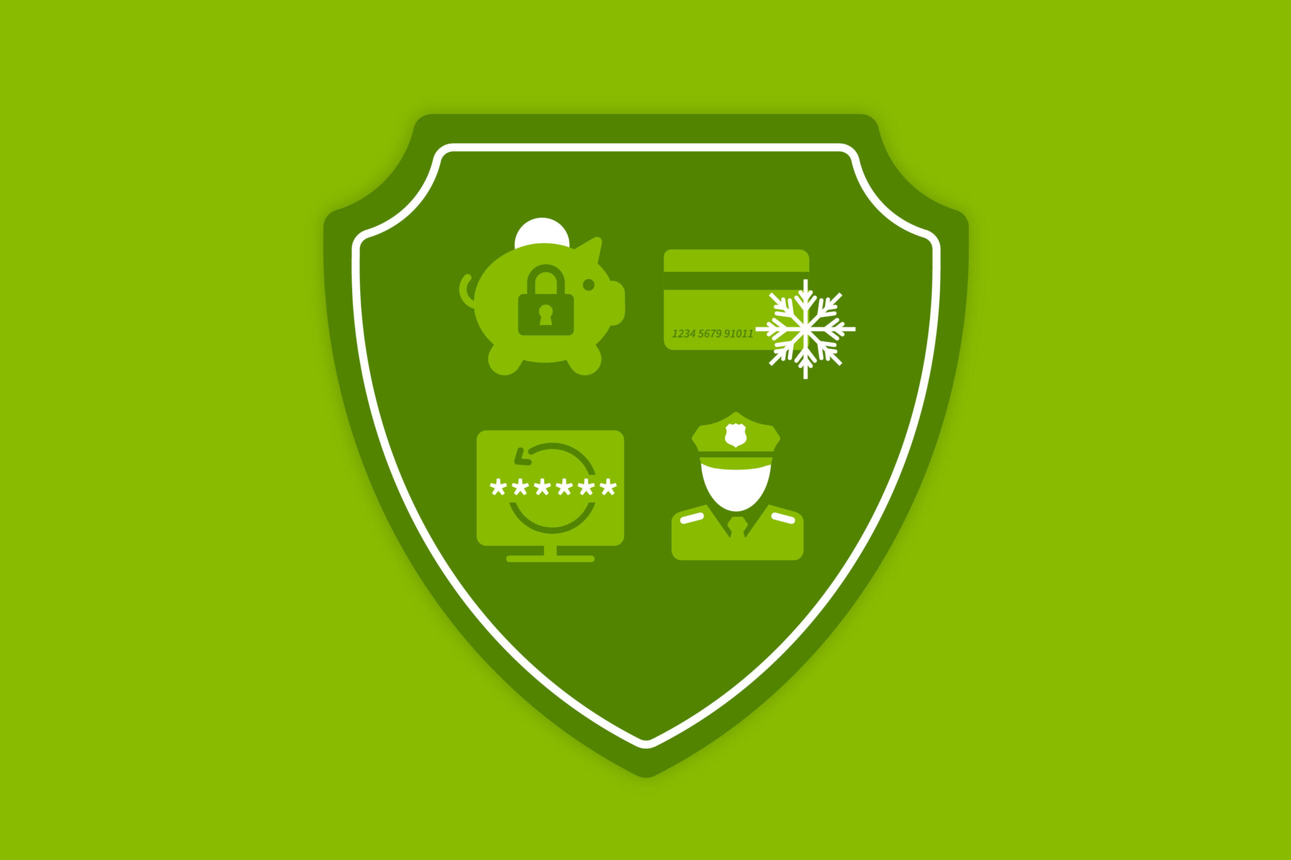 Illustration of 4 icons in a shield. Icon 1 is...