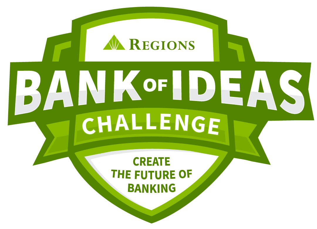 Logo that looks like a shield with ribbons. "Regions Bank of Ideas Challenge: Create the Future of Banking."