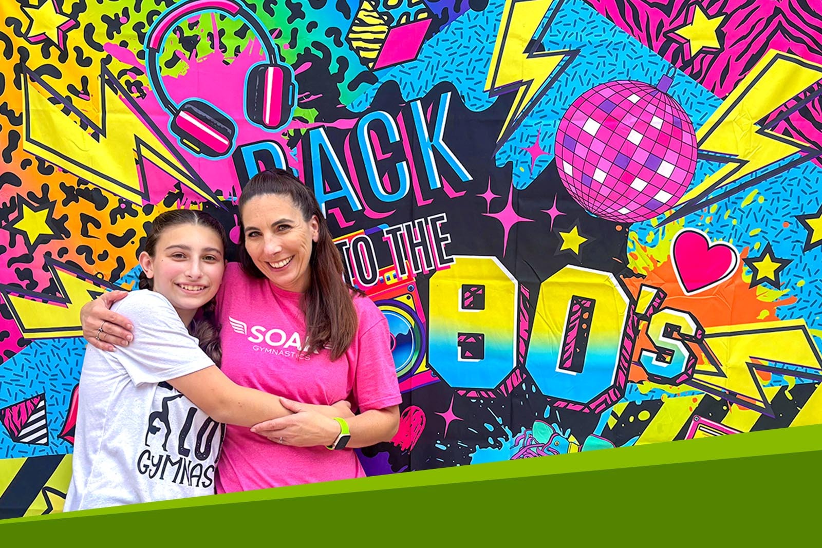 Women in front of bright '80s background.