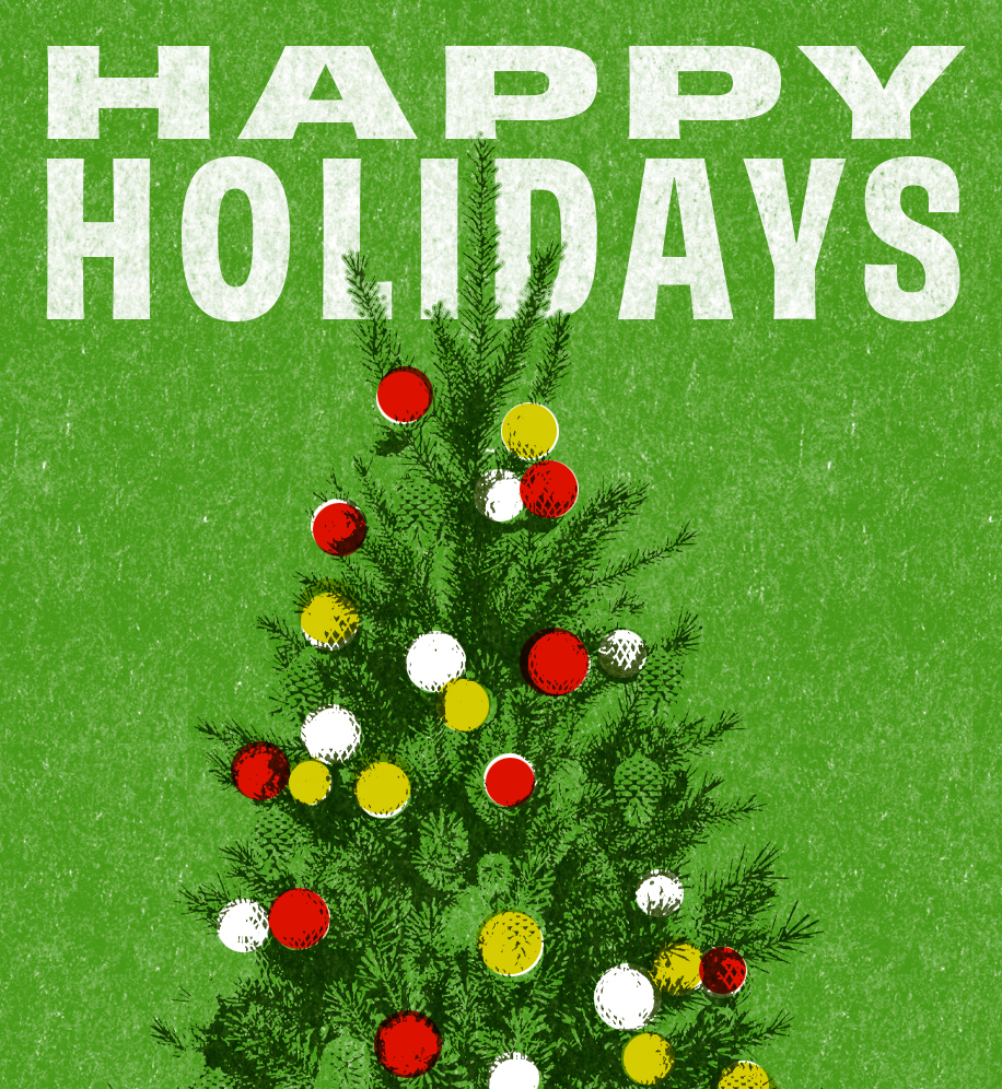 Christmas tree with ornaments illustration. Text: Happy Holidays.