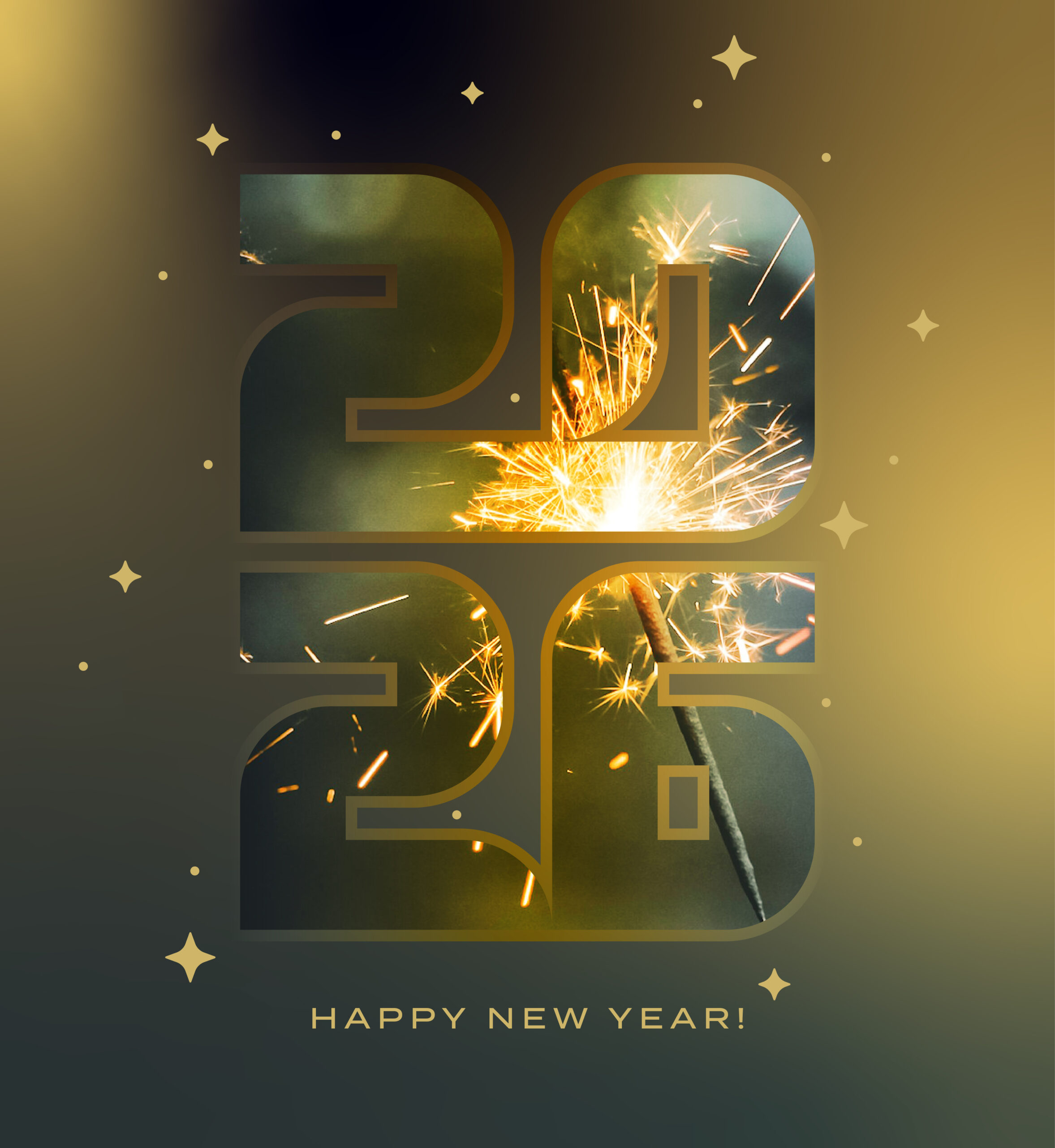 Sparkler with graphic overlay that reads "2026. Happy New Year!"