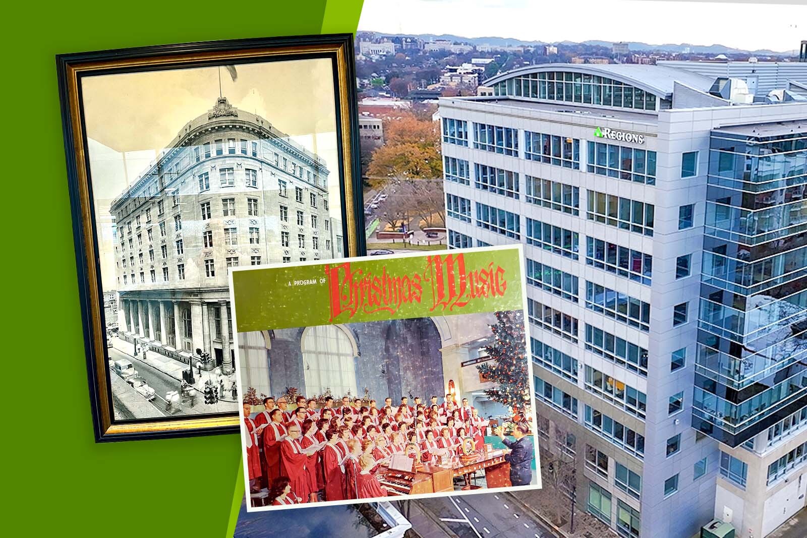 Photo collage showing an illustration of First American bank, a...