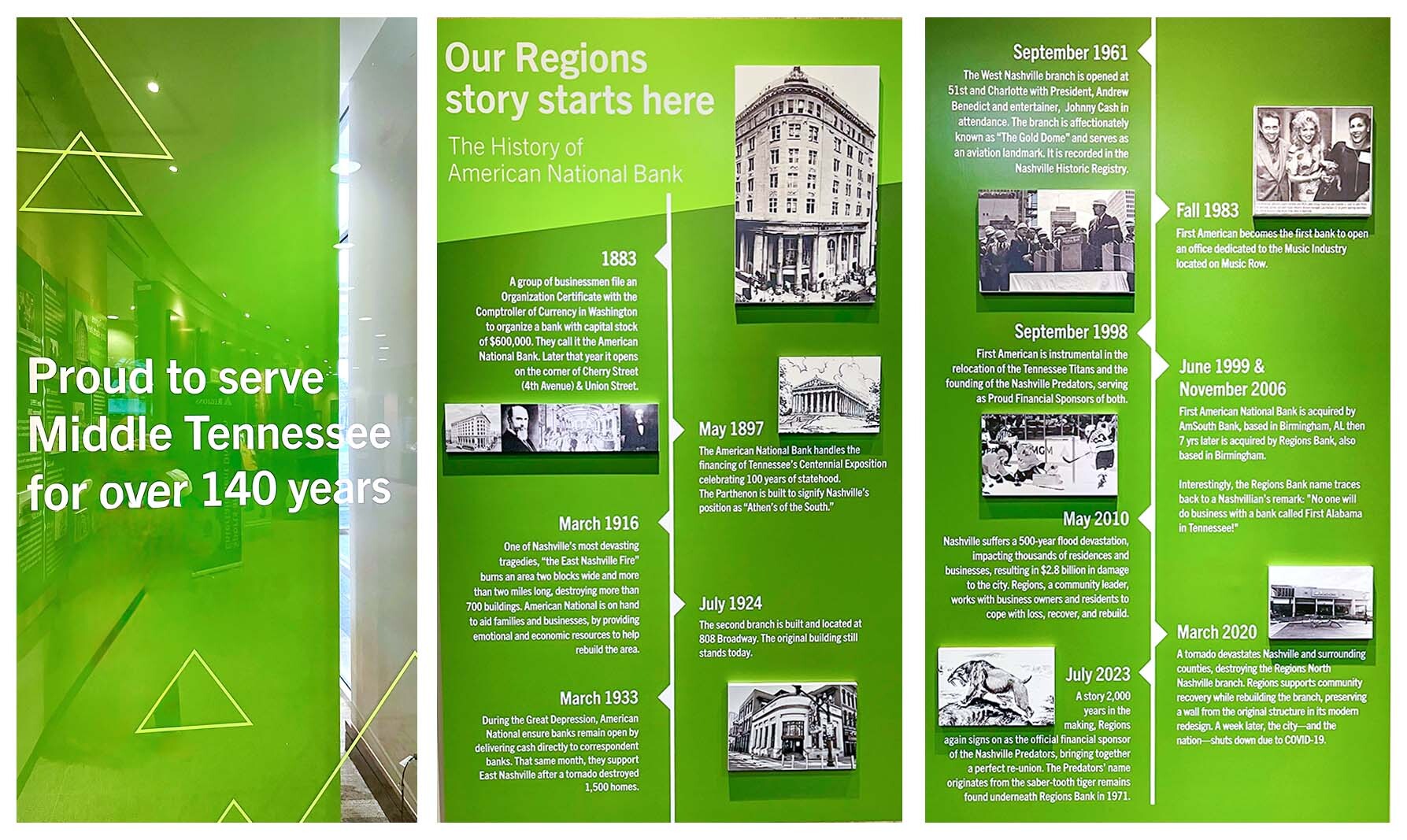 Regions History Wall timeline. "Proud to serve Middle Tenessee for over 140 years."