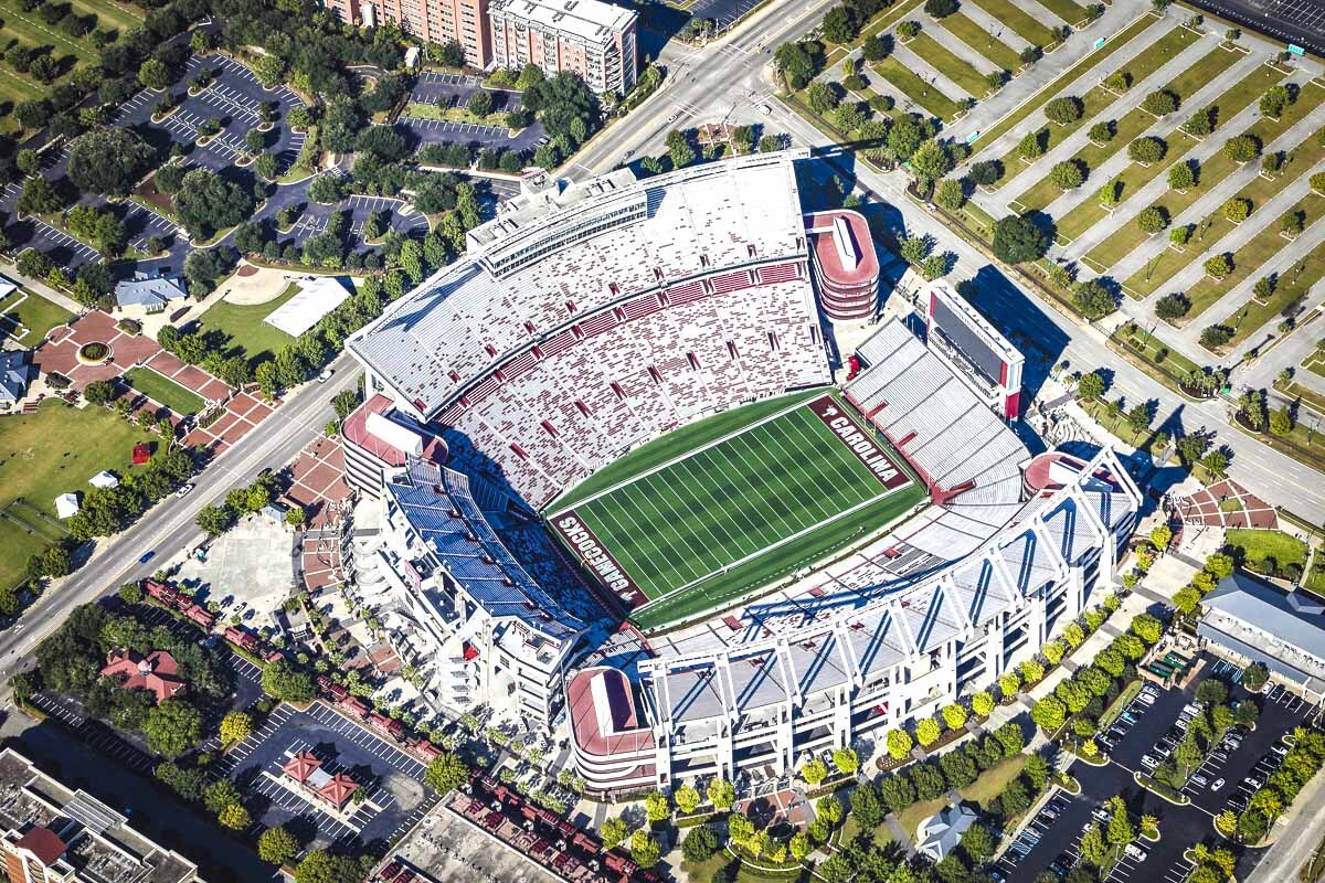 An aerial view of Williams-Brice Stadium shows the field in pristine condition, the end zones painted for the next big game and the Cockaboose Railroad ready to receiver gameday visitors.