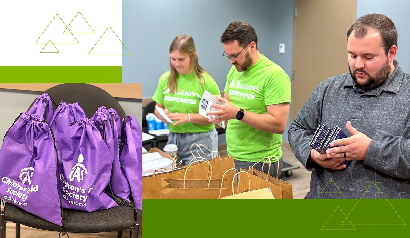 Volunteers assemble outreach bags, filled with essential day-to-day needs as well as information on where to find financial aid, shelter and support.