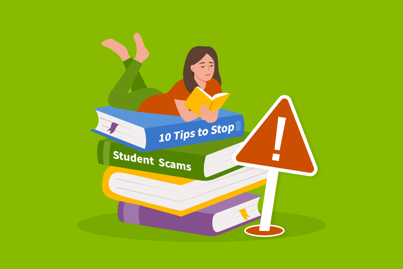 Illustration of a student reading on a stack of books...