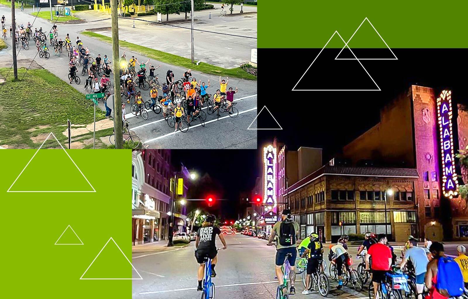 People biking outside through downtown Birmingham.