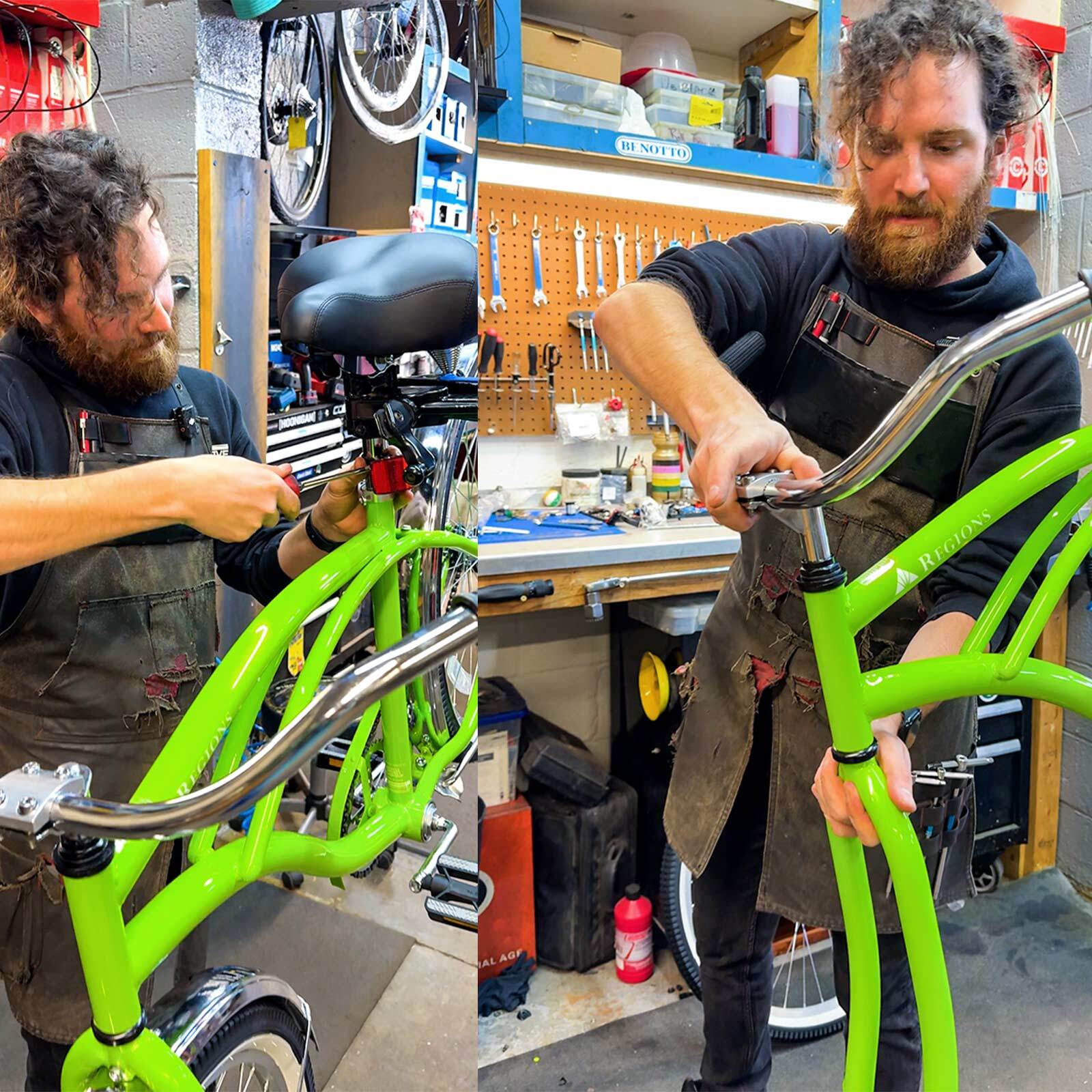 Taylor, head mechanic at Redemptive Cycles, assembles a Regions bike.