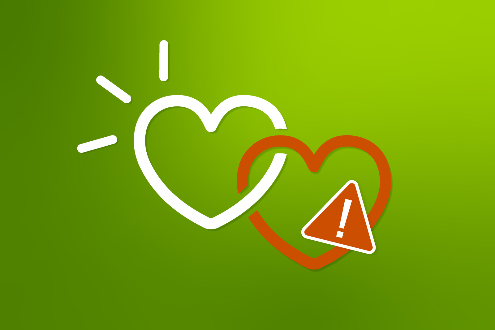 Two overlapping heart icons with a warning symbol, representing romance...
