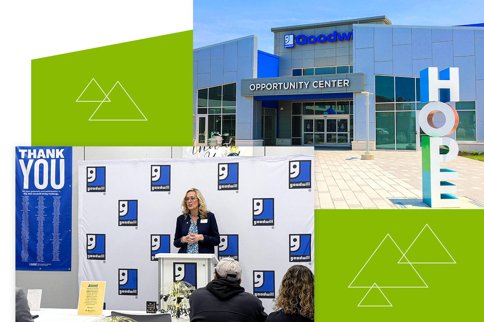 Brandy Mitchell, Consumer banking manager speaking at RISE graduation and exterior shot of Goodwill Opportunity Center.