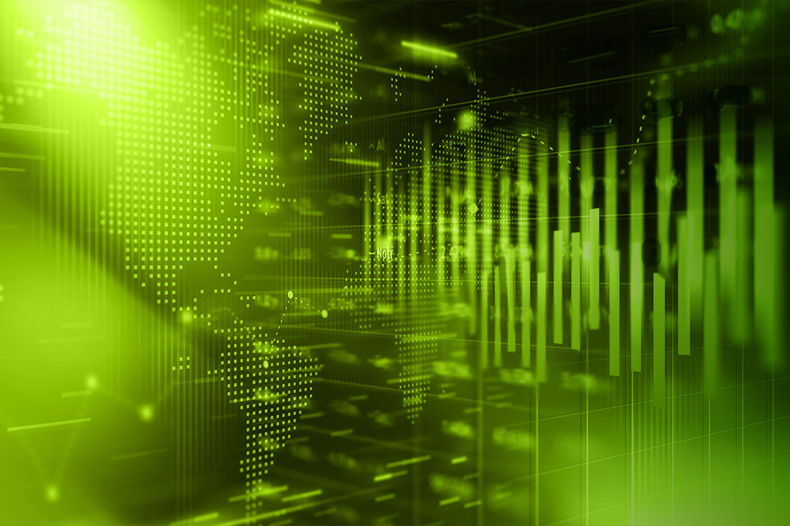 Abstract green world map graphic with economic data bars and...