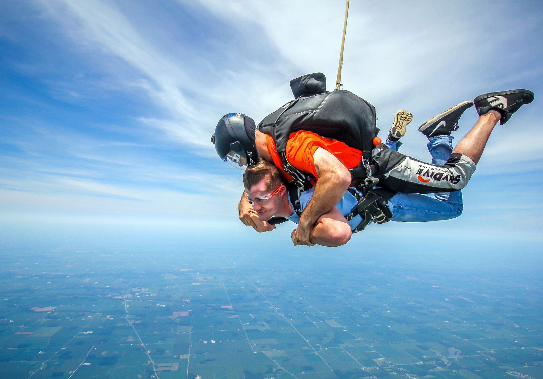 two people skydiving together
