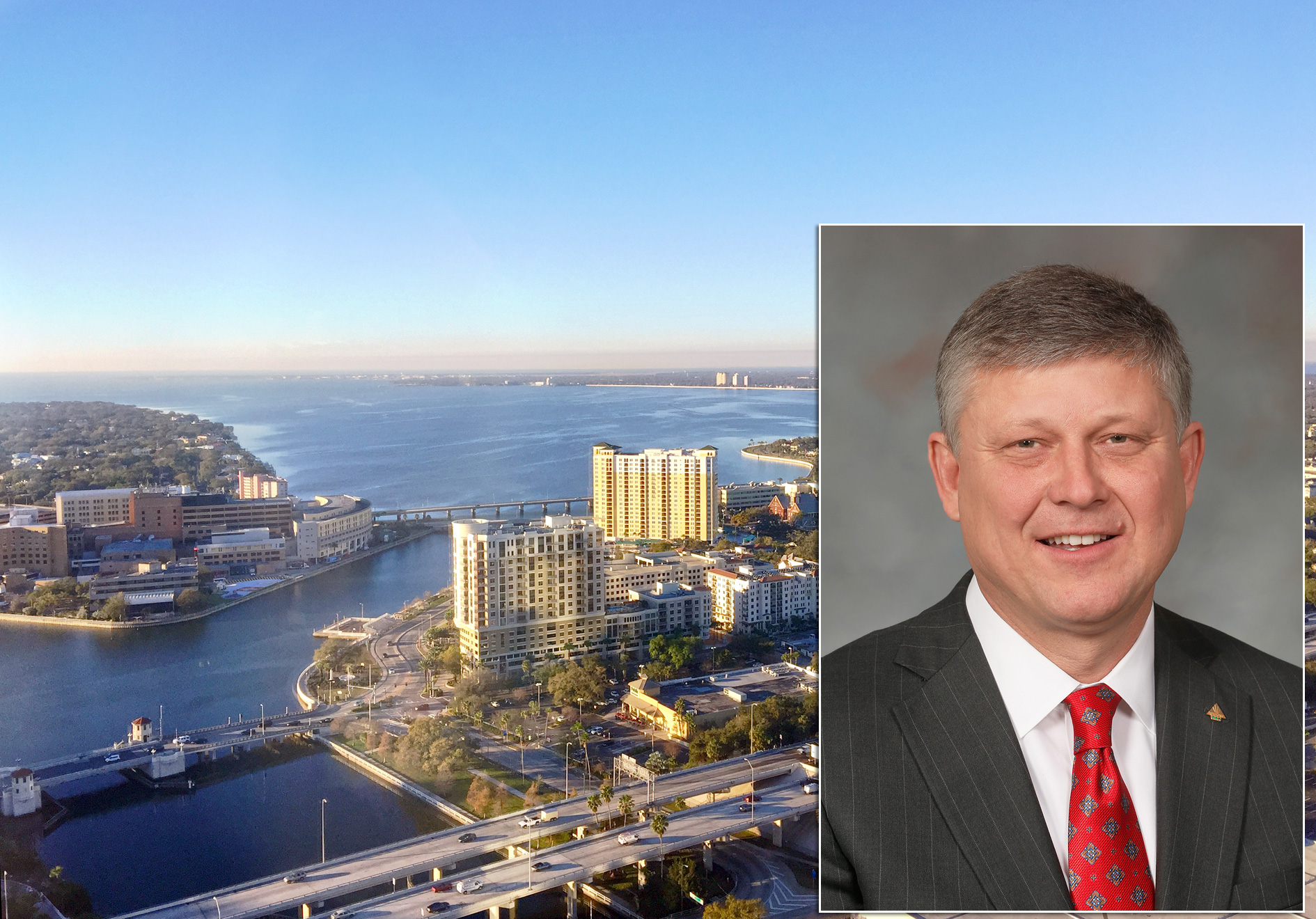 Tampa skyline and photo of business man