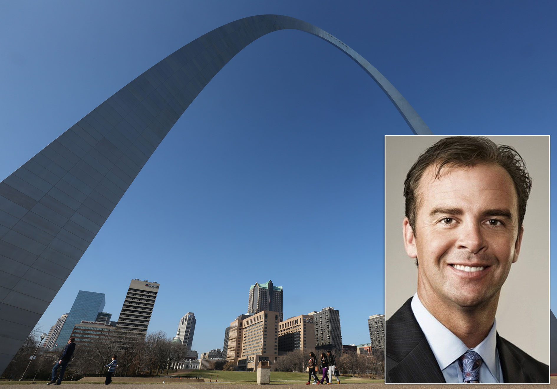 photos of St. Louis arch and banking professional