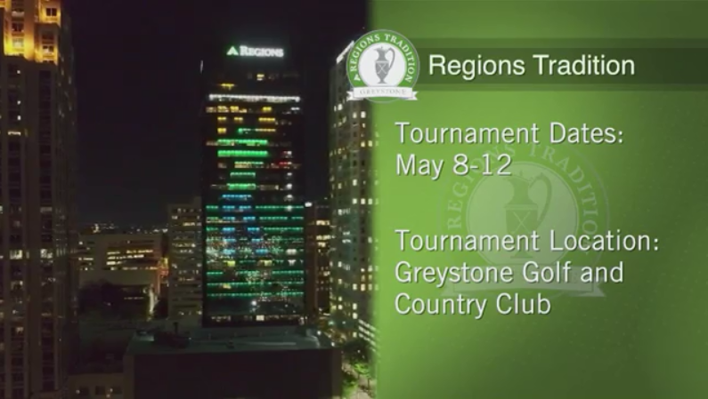 video still of Regions Center building showing golfer image at...