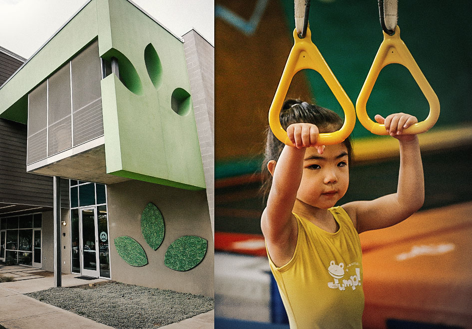 photos of a building and a young gymnast