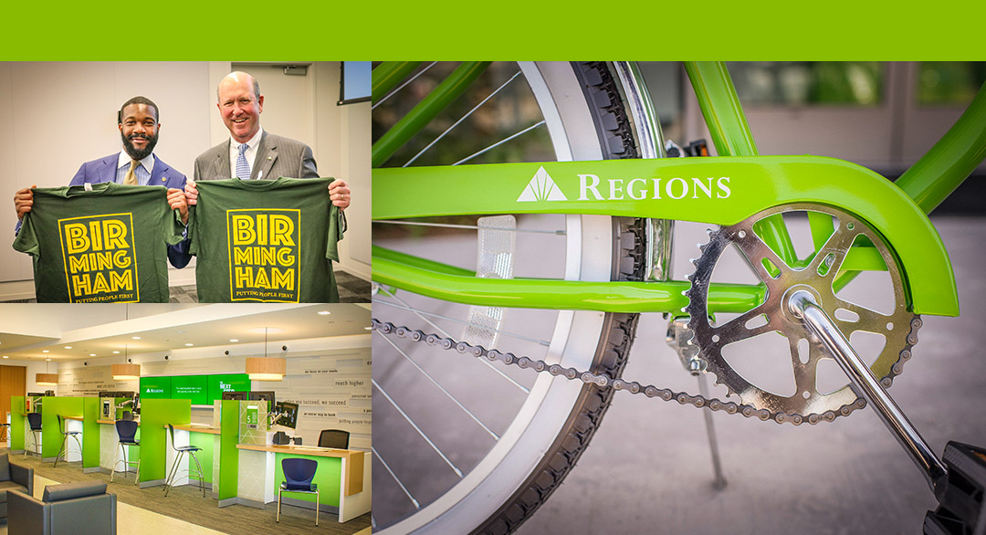 photos of Birmingham Mayor and Regions CEO, closeup of bike, and Regions Bank branch interior