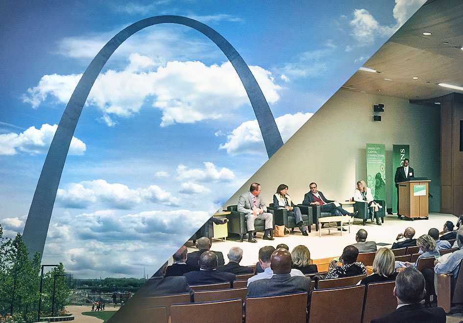 photos of the St. Louis arch and speakers at a...