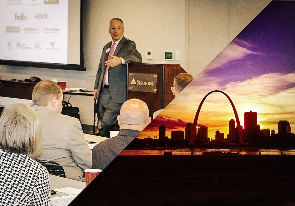 photos of a speaker at event and the St. Louis skyline