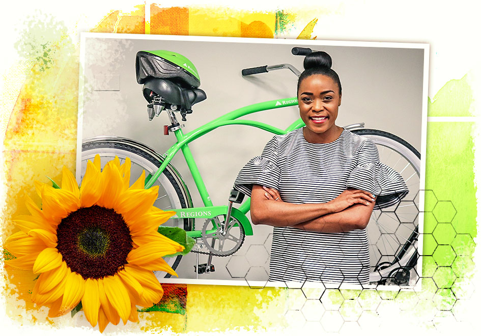 photo collage of woman, green bike, and flower