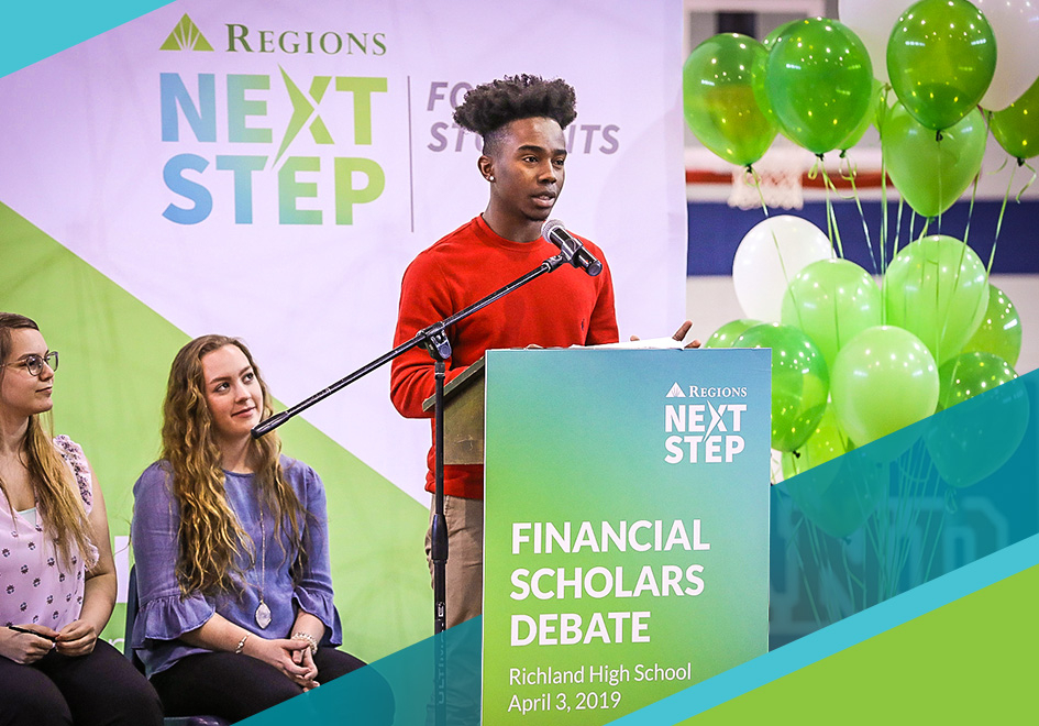 students speaking at financial scholars debate