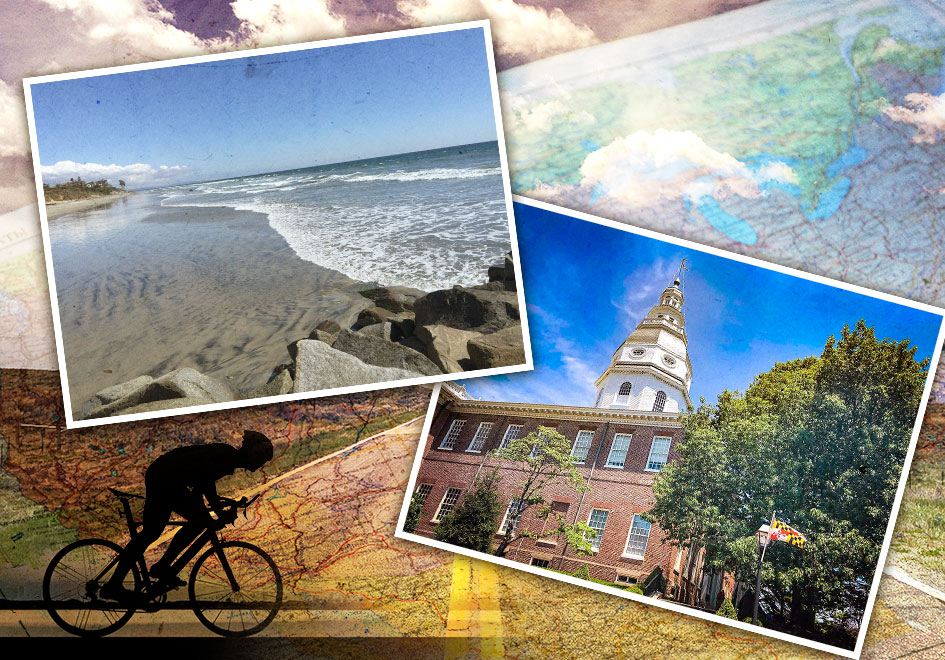 collage of scenes from a bike ride from California to Maryland